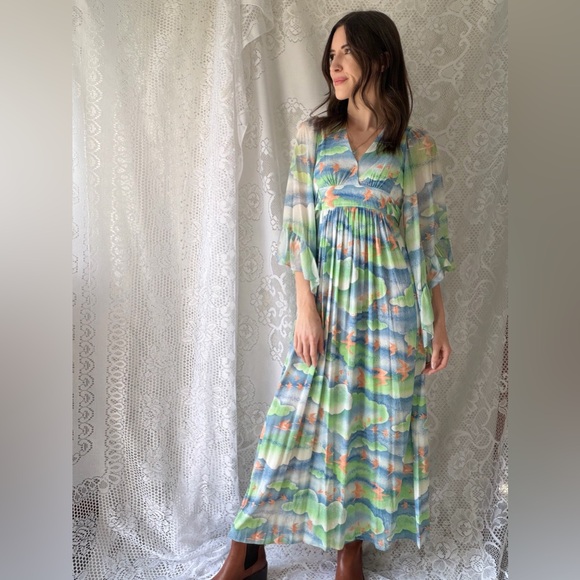 Vintage 70s Bird Print Cloudscape Maxi Dress Boho Flutter Sleeve Empire Waist - Picture 4 of 17